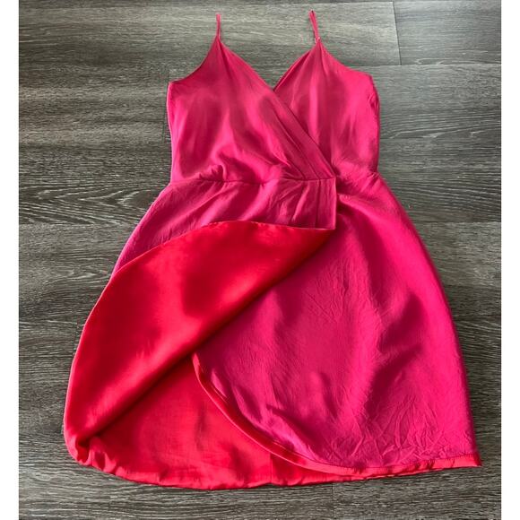 Lavender Brown Silk Hot Pink Faux Wrap Mini Dress Size S Made in USA - Picture 3 of 12